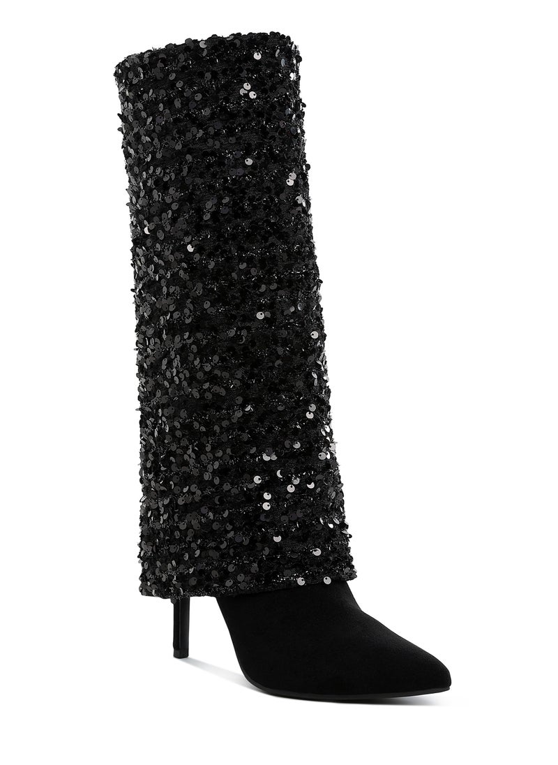 Sequinned Fold-Over Calf Boots in Black