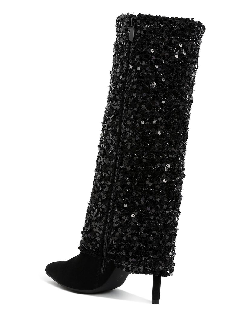 Sequinned Fold-Over Calf Boots in Black