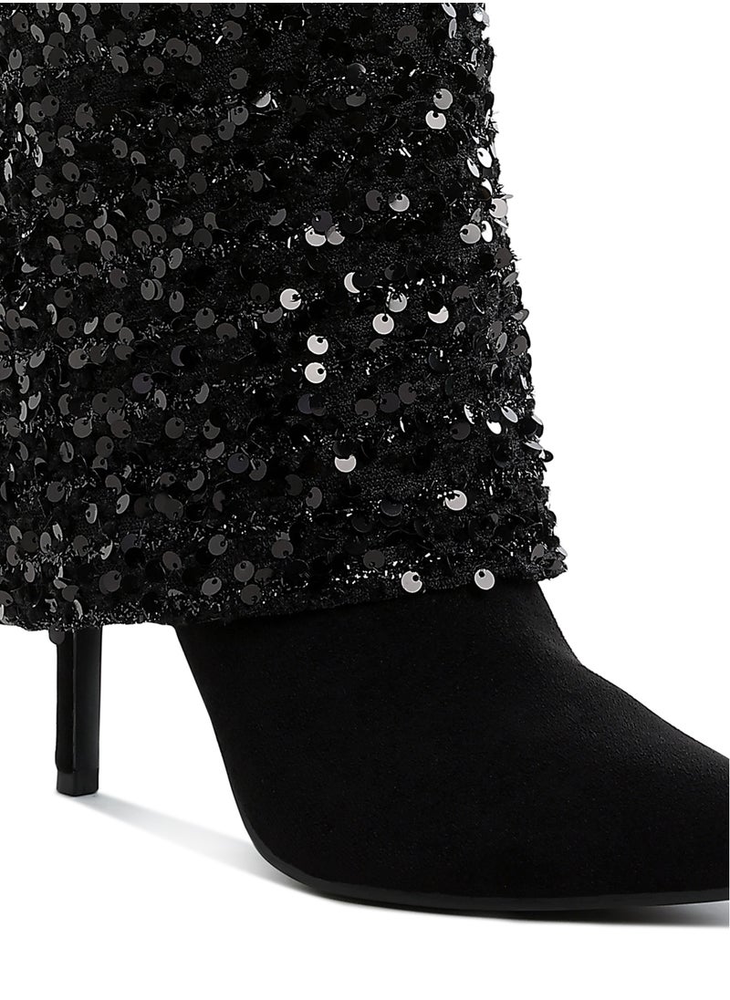 Sequinned Fold-Over Calf Boots in Black