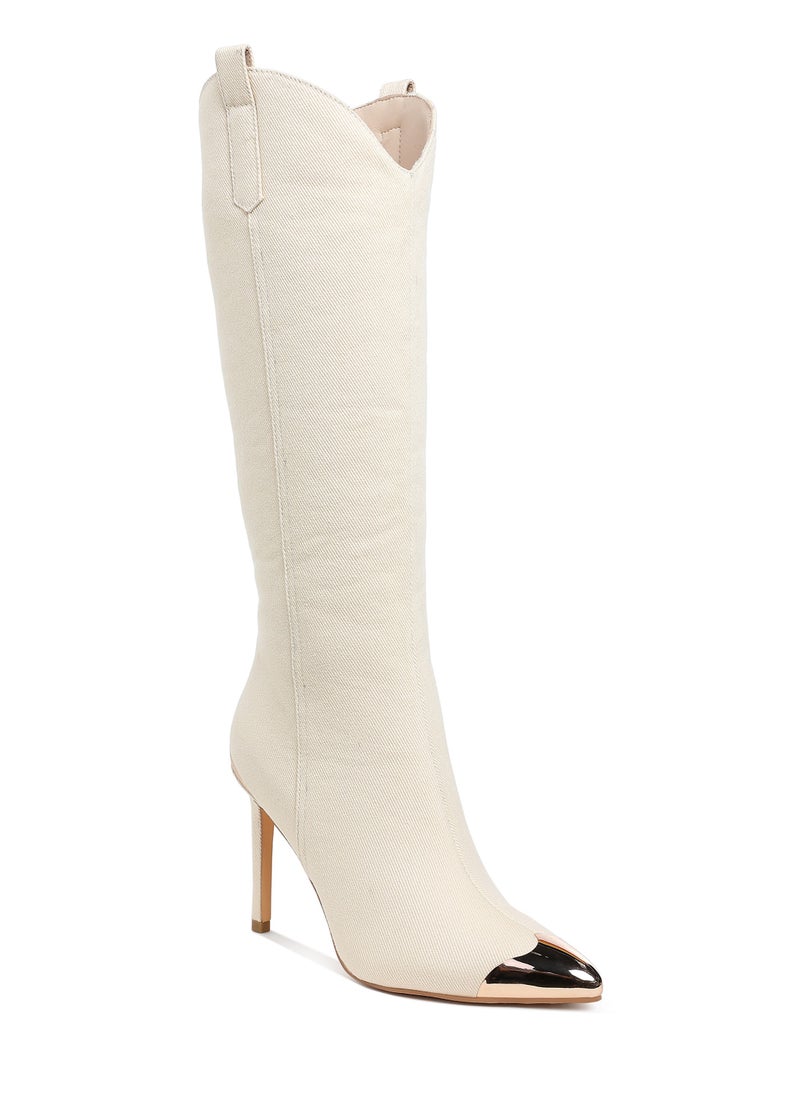 Metallic Cap Toe Denim Boots in Beige