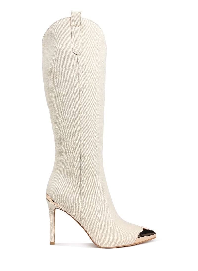 Metallic Cap Toe Denim Boots in Beige