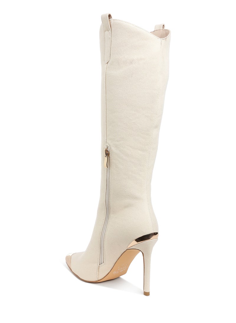 Metallic Cap Toe Denim Boots in Beige