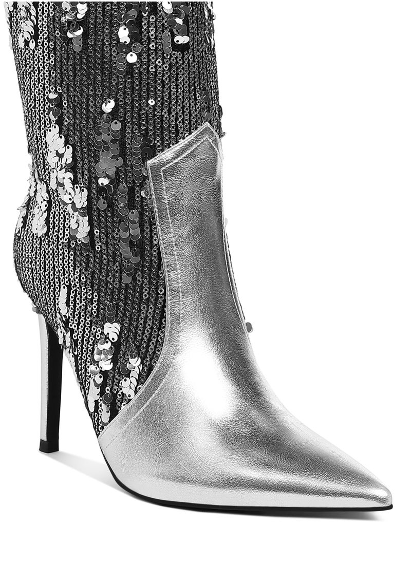 Sequin Embellished Metallic Long Boots in Silver