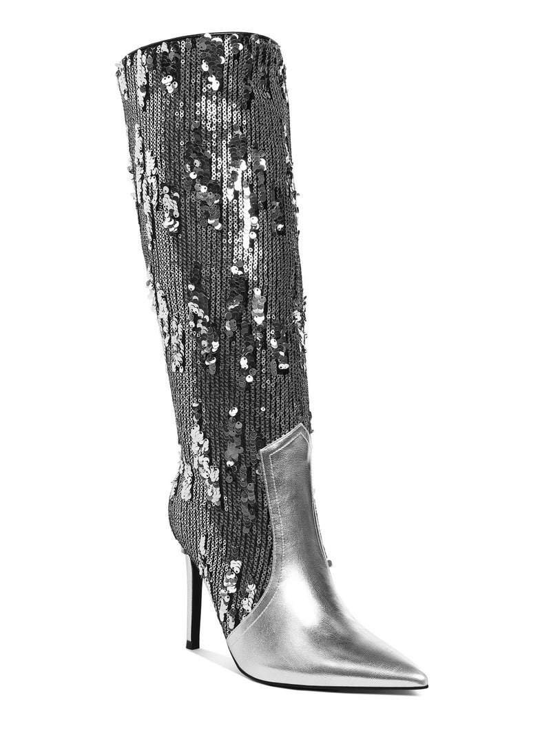 Sequin Embellished Metallic Long Boots in Silver