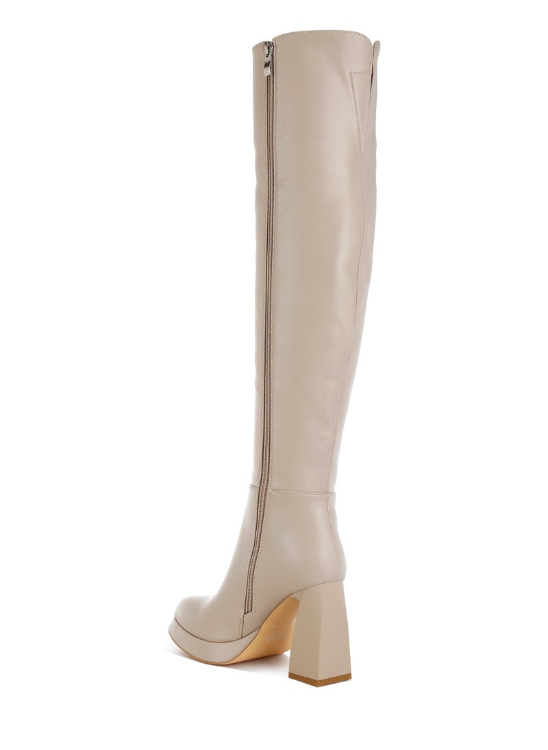 Faux Leather Knee-High Boots in Beige