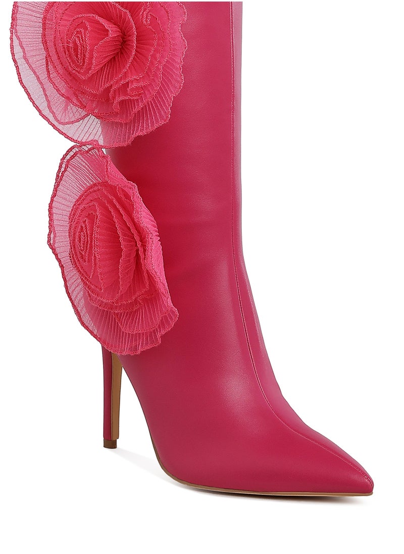 Sheer Big Rose Detail Long Boots in Fuchsia