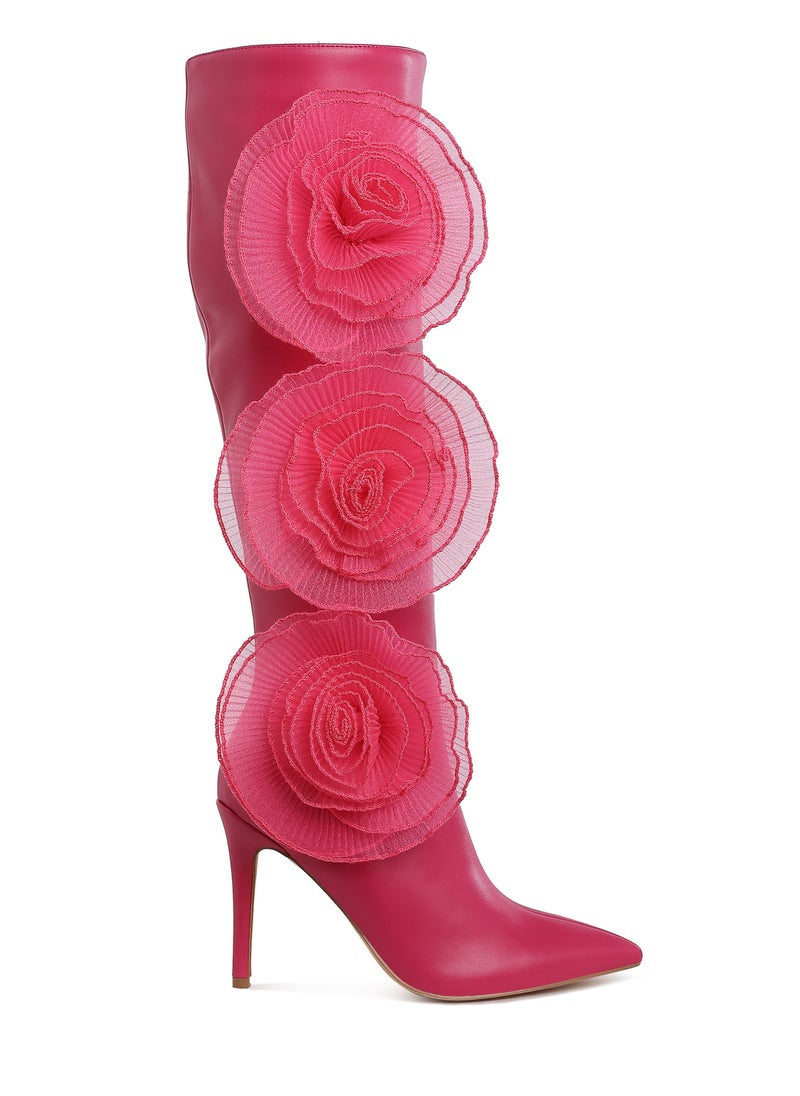 Sheer Big Rose Detail Long Boots in Fuchsia