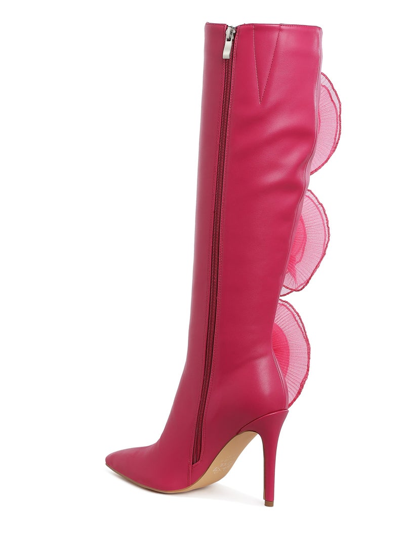 Sheer Big Rose Detail Long Boots in Fuchsia