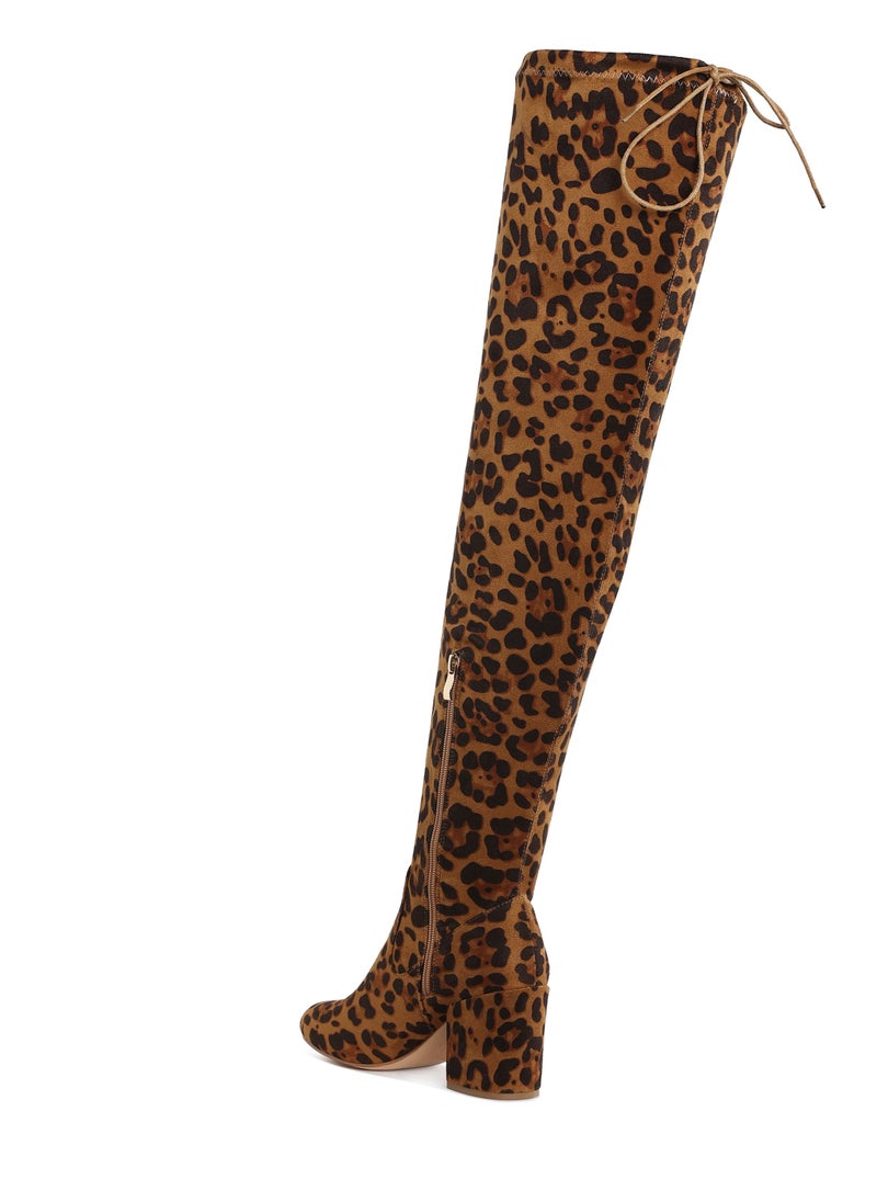 Minimal Drawstring Detail Knee-High Boots in Leopard