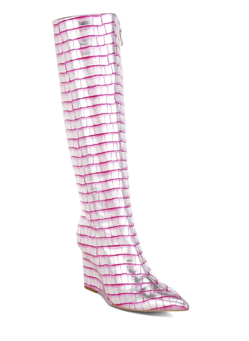 Croco Metallic Long Boots in Pink