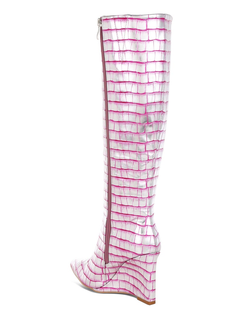 Croco Metallic Long Boots in Pink