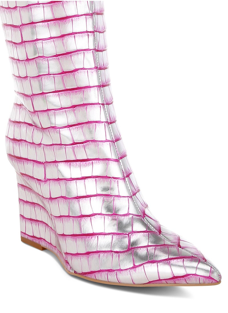 Croco Metallic Long Boots in Pink