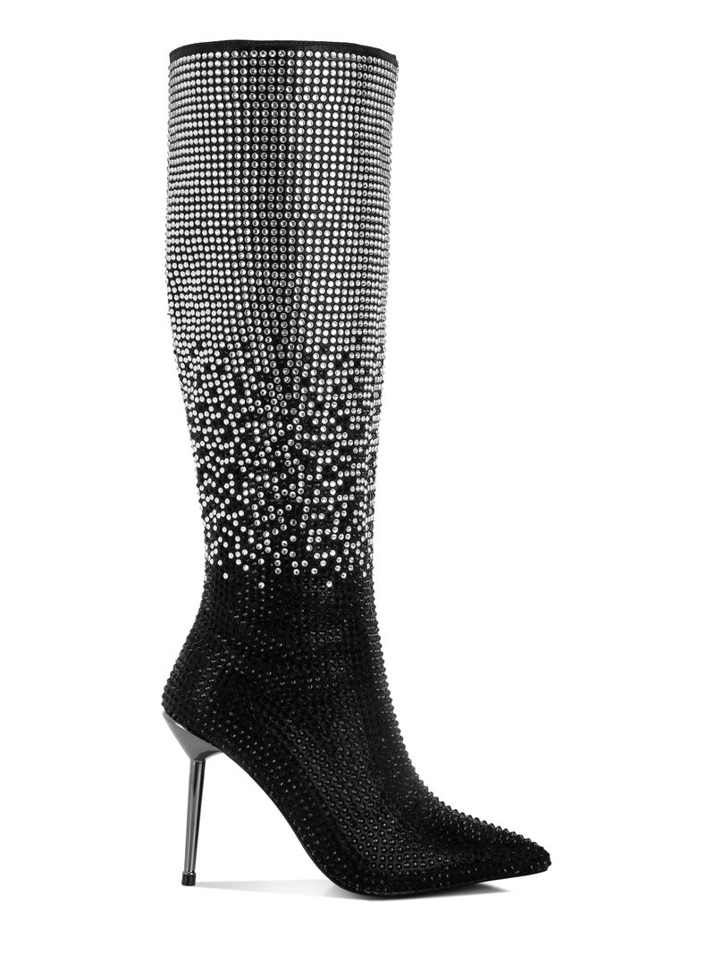 Shiny Rhinestone Studded Calf Boots in Black