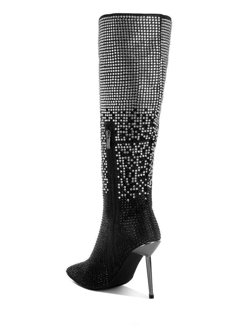 Shiny Rhinestone Studded Calf Boots in Black