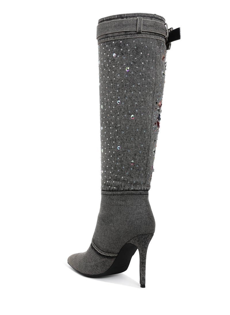 Multi Color Stones Denim Boots in Black