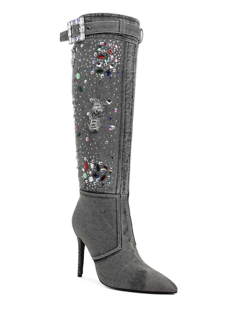 Multi Color Stones Denim Boots in Black