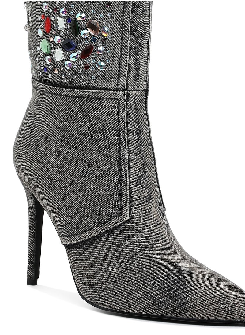 Multi Color Stones Denim Boots in Black