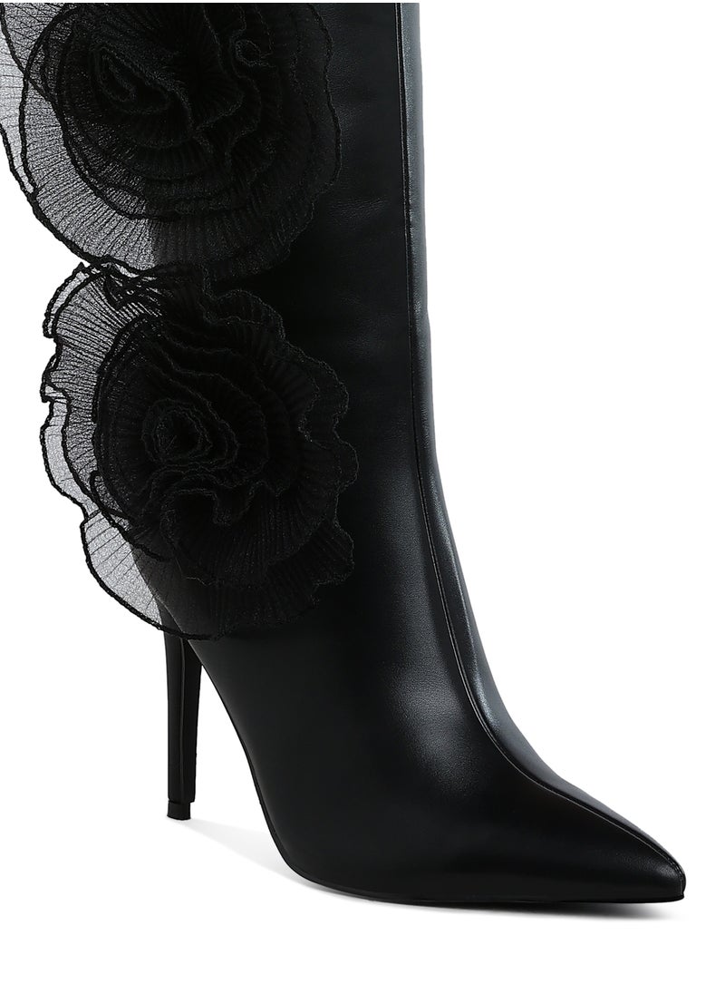 Sheer Big Rose Detail Long Boots in Black