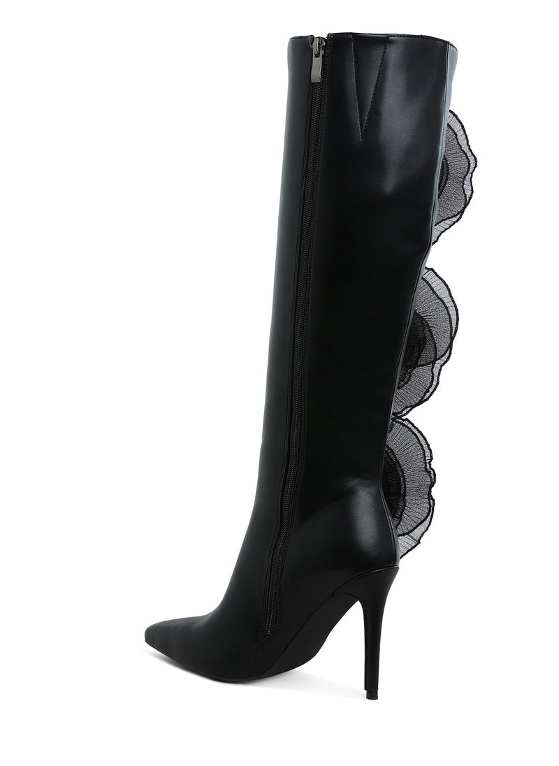 Sheer Big Rose Detail Long Boots in Black