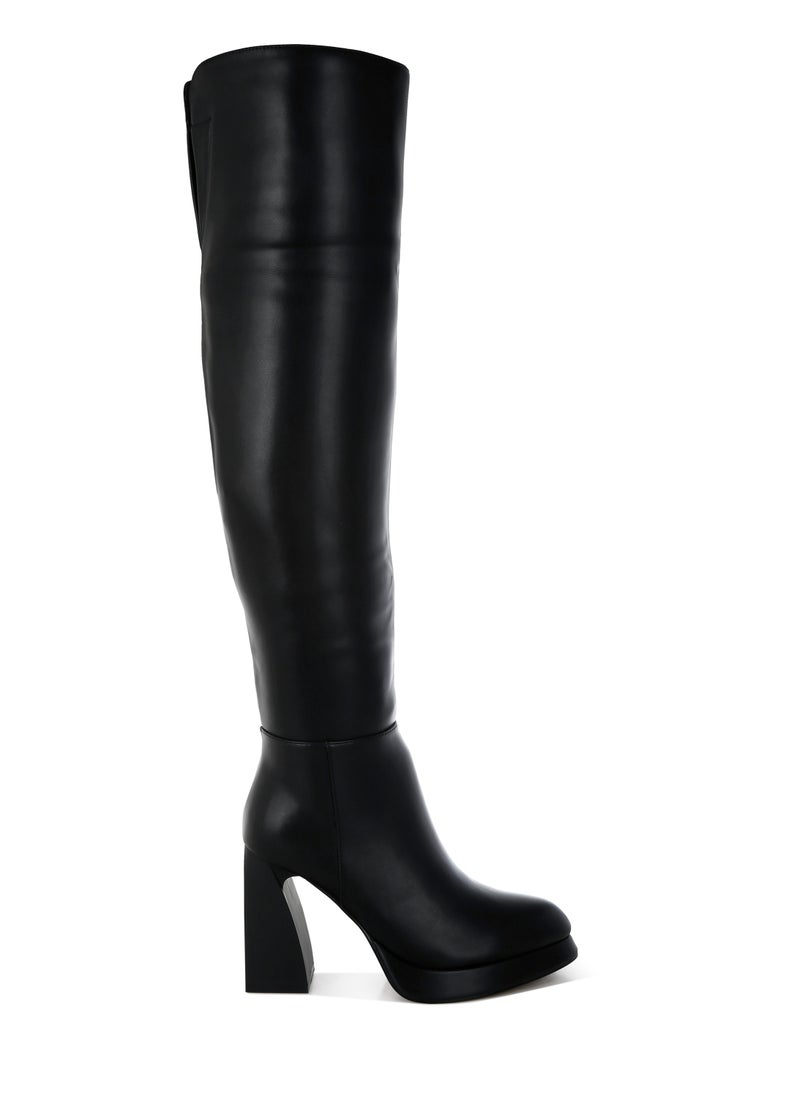 Faux Leather Knee-High Boots in Black