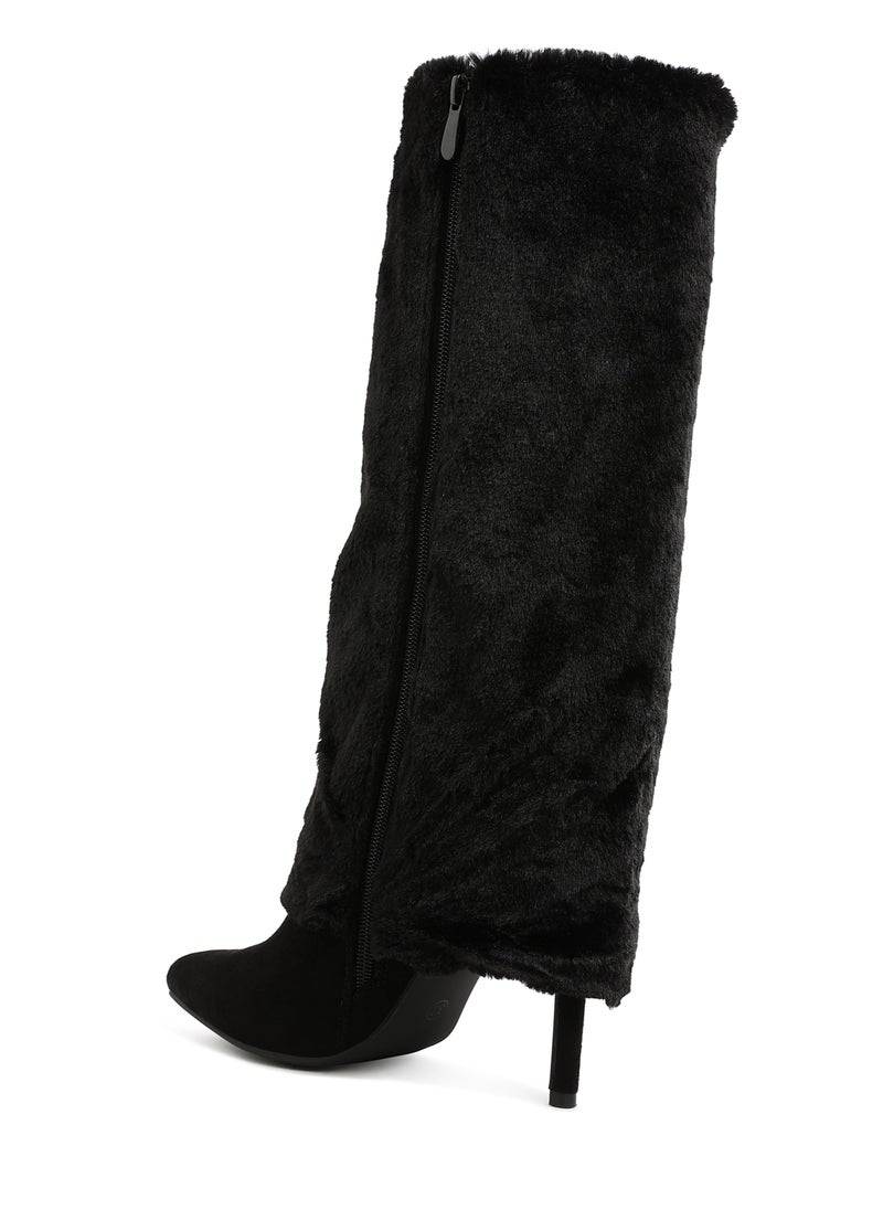 Fold-Over Calf-High Boots in Black