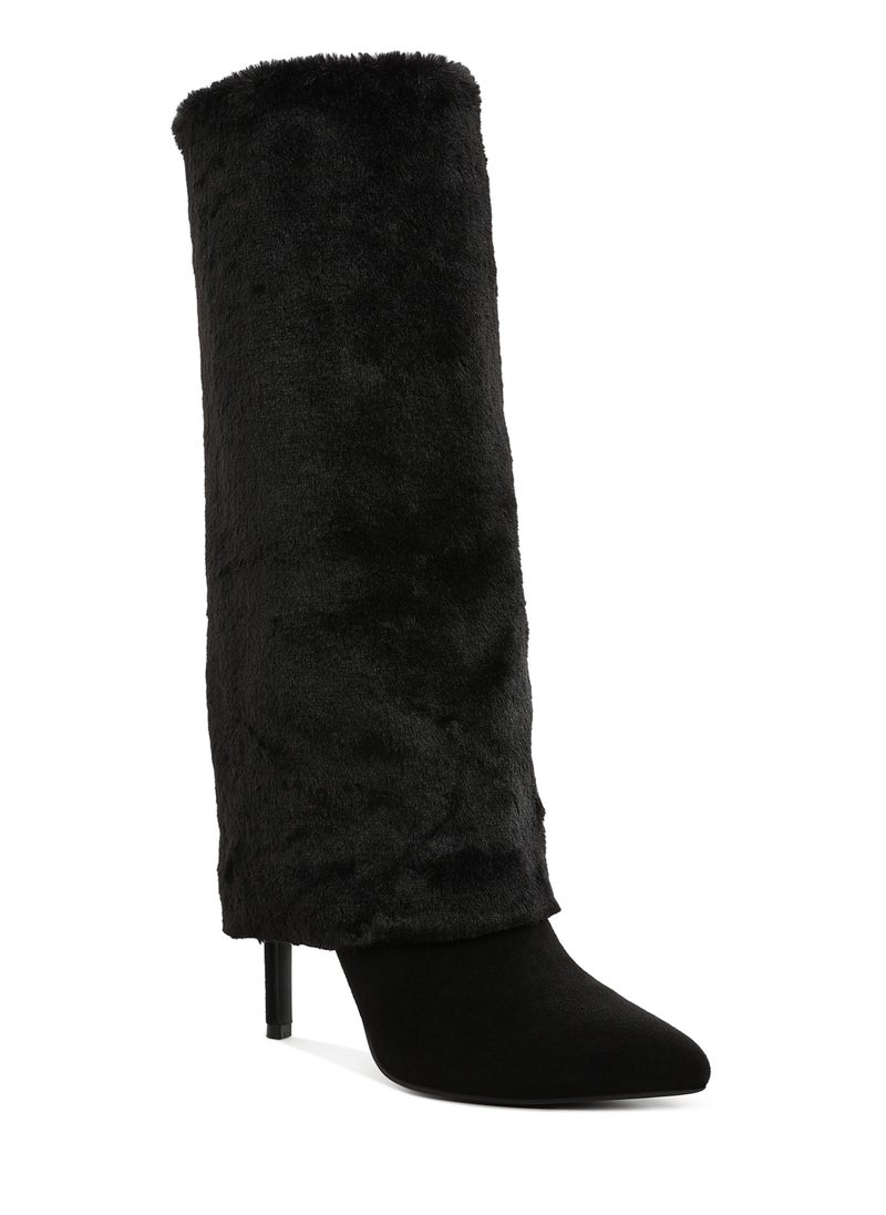 Fold-Over Calf-High Boots in Black