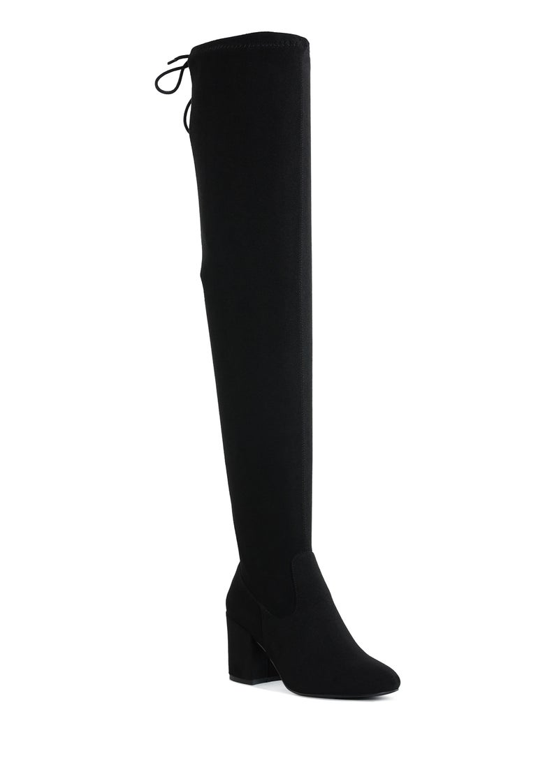 Minimal Drawstring Detail Knee-High Boots in Black