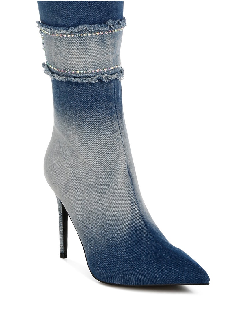 Rhinestones Knee High Denim Boots in Dark Blue