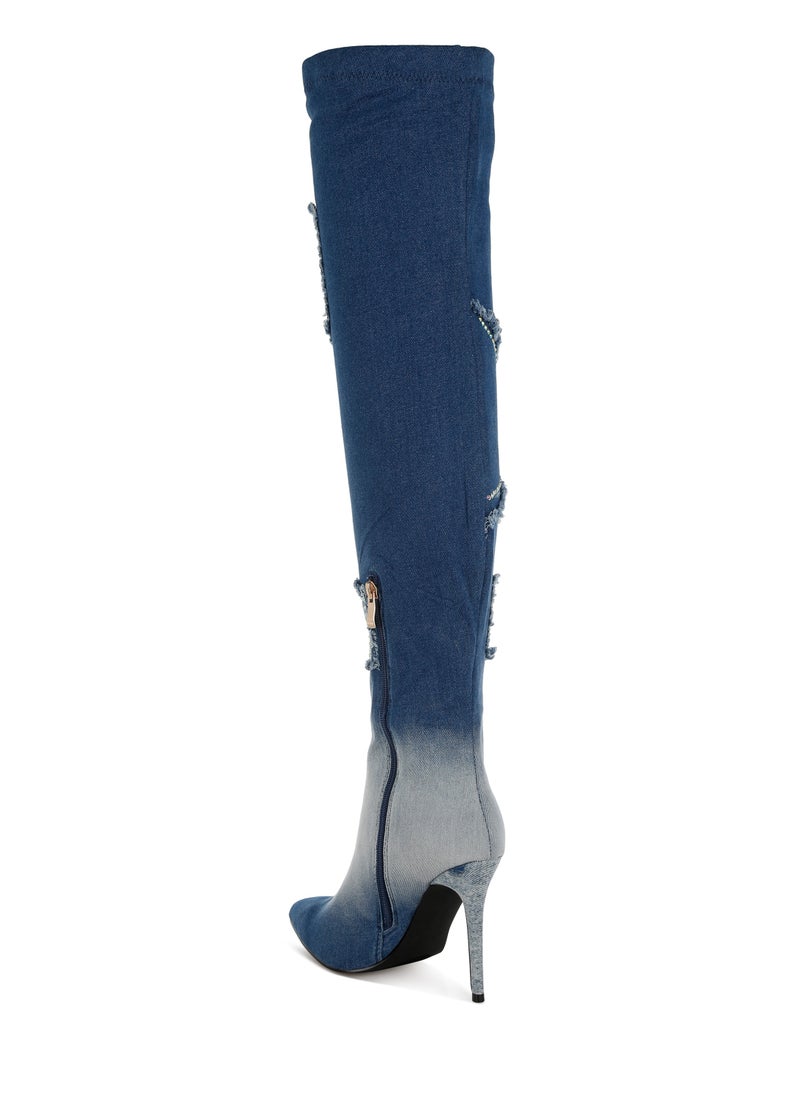 Rhinestones Knee High Denim Boots in Dark Blue