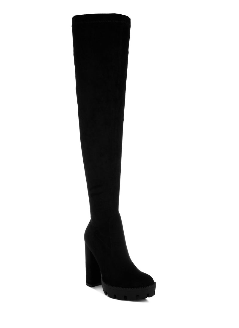 Black High Block Heeled Faux Suede Long Boots