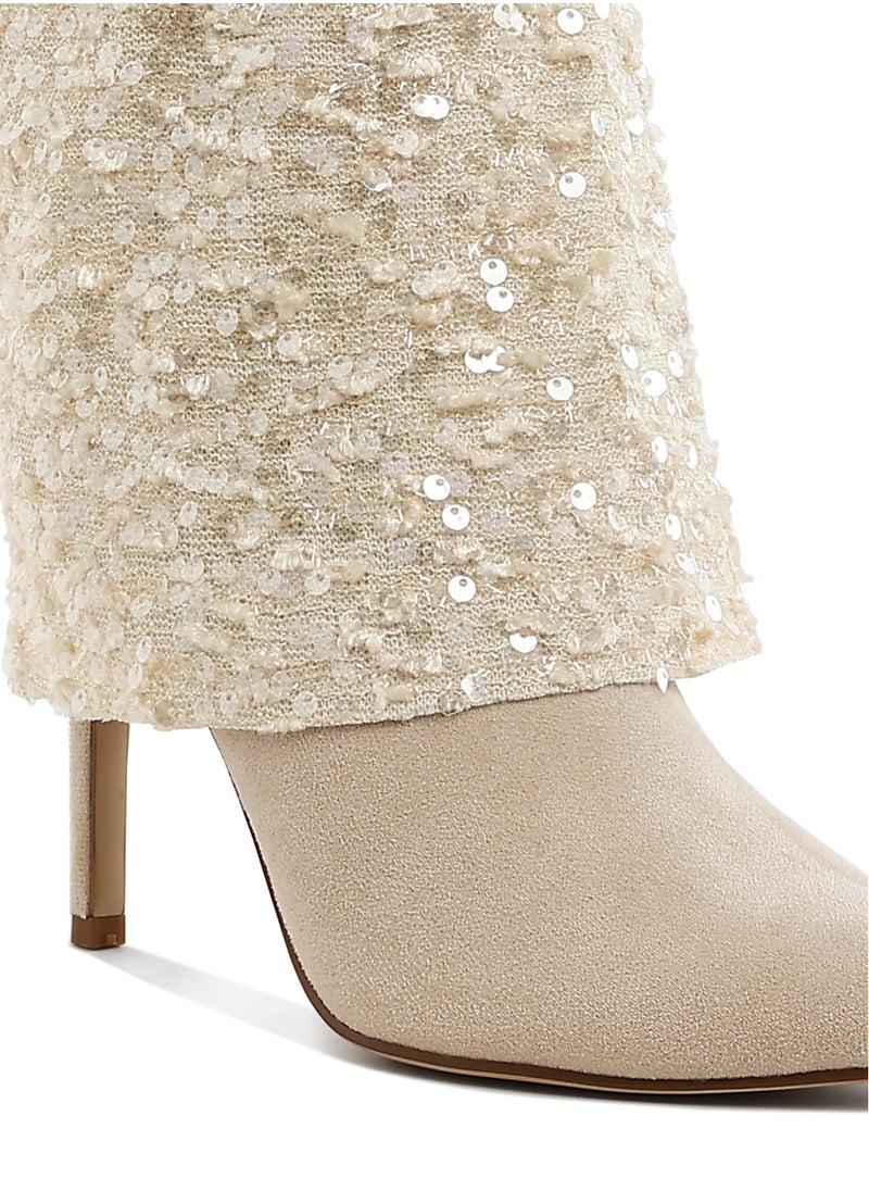 Sequinned Fold-Over Calf Boots in Beige