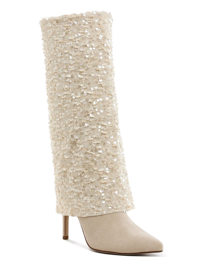 Sequinned Fold-Over Calf Boots in Beige