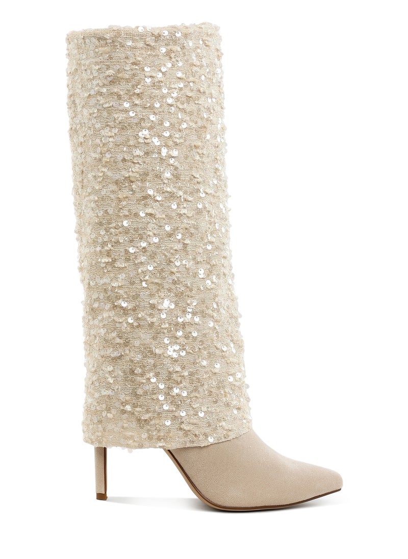 Sequinned Fold-Over Calf Boots in Beige