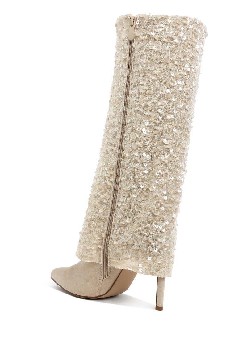 Sequinned Fold-Over Calf Boots in Beige