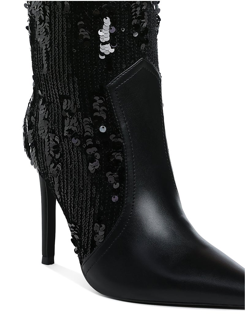 Sequin Embellished Stiletto Long Boots in Black