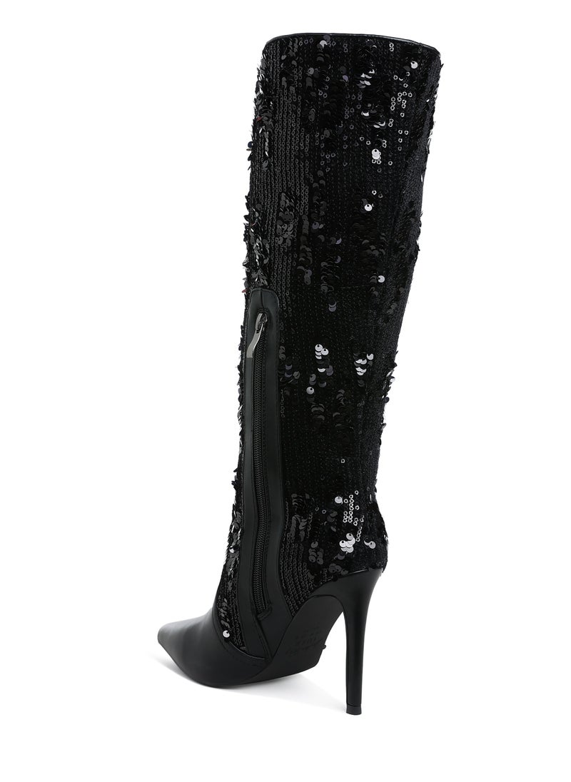 Sequin Embellished Stiletto Long Boots in Black