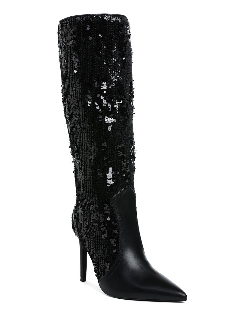 Sequin Embellished Stiletto Long Boots in Black