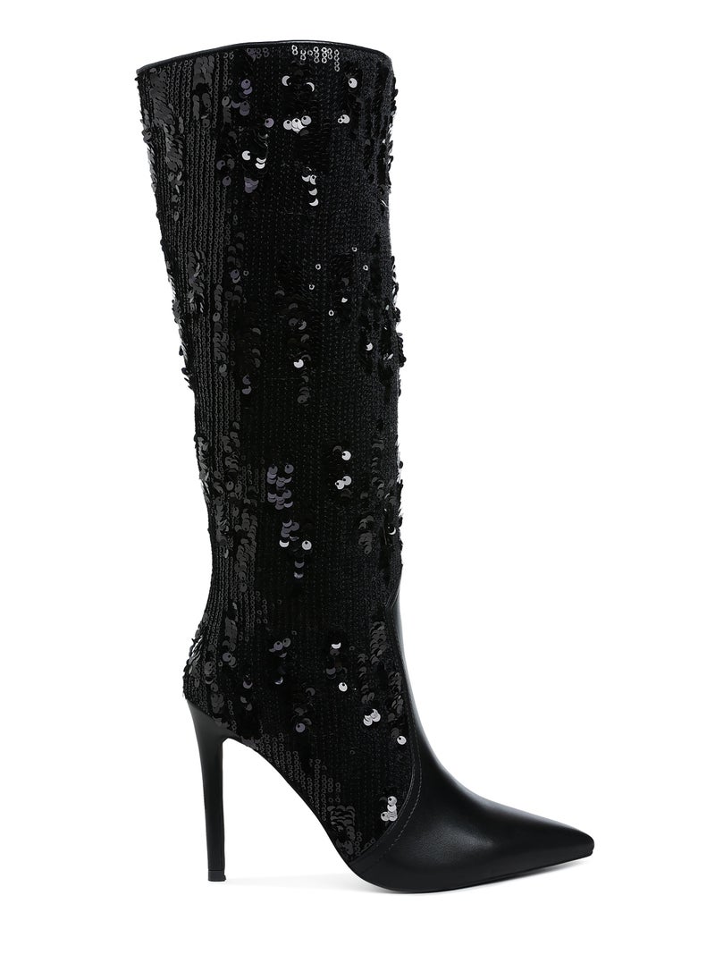 Sequin Embellished Stiletto Long Boots in Black