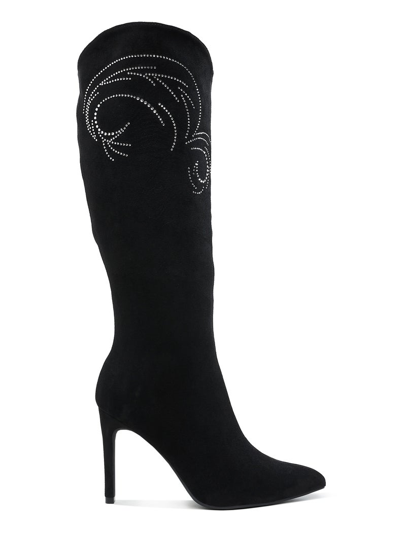 Rhinestone Patterned Calf Boots in Black