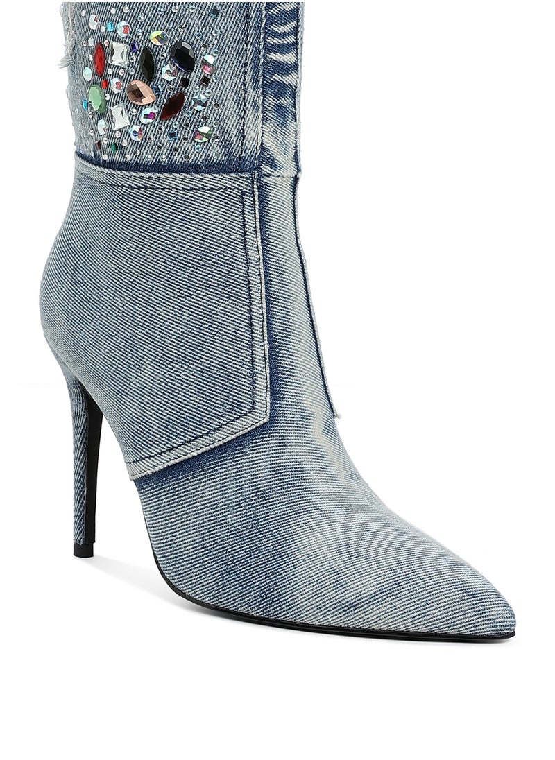 Multi Color Stones Denim Boots in Denim