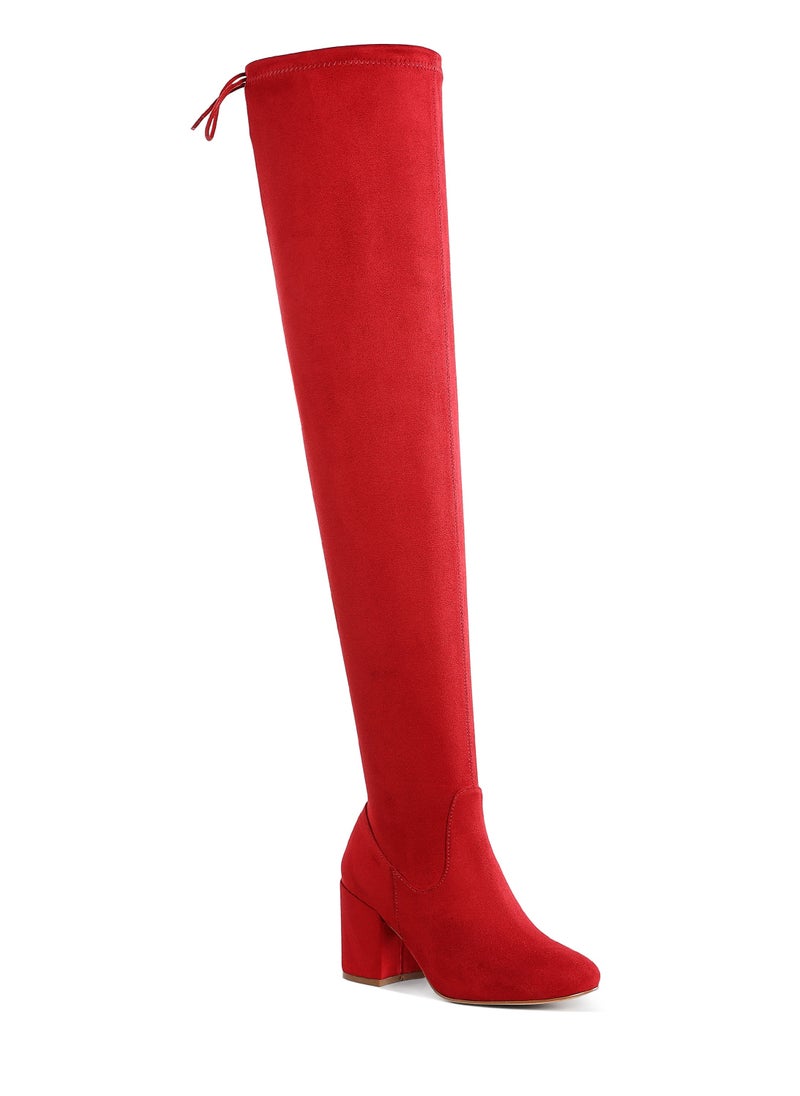 Minimal Drawstring Detail Knee-High Boots in Red