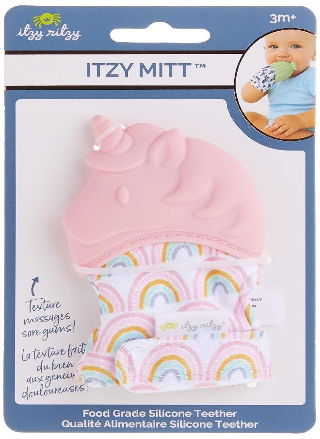 Itzy Ritzy Silicone Teething Mitt - Soothing Infant Teething Mitten with Adjustable Strap, Crinkle Sound & Textured Silicone to Soothe Sore & Swollen Gums, Blush Unicorn