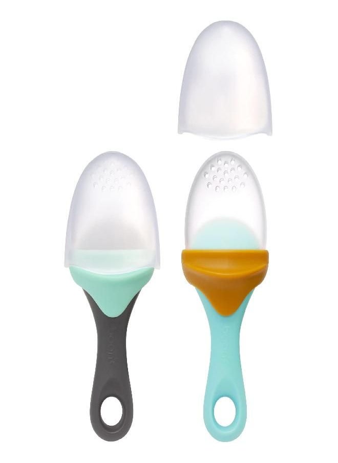 Boon PULP Silicone Baby Feeder - 2 Count - Blue/Mustard and Gray/Mint - Soft Silicone Vegetable and Fruit Feeders - Teething Baby Essentials
