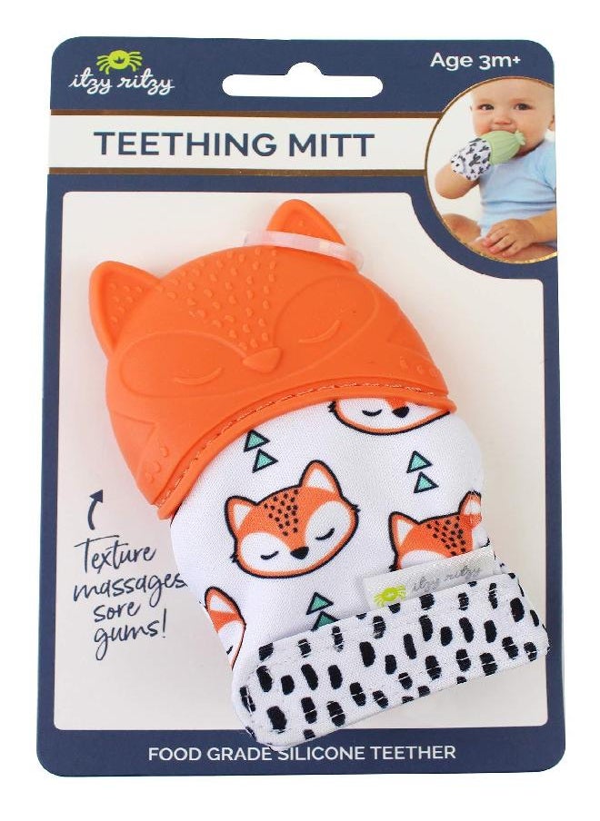 Itzy Ritzy Silicone Teething Mitt - Soothing Infant Teething Mitten with Adjustable Strap, Crinkle Sound and Textured Silicone to Soothe Sore and Swollen Gums, Fox