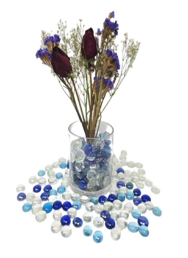 TSY TOOL 3 Lb (300PCS) Flat Glass Marbles Blue, Clear Mixed Color Glass Gems Pebbles Stones Marbles Vase Filler Accents and Crafting Aquarium Decor