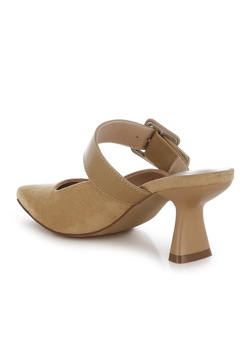 Microfiber Pointy Slip-On Mules in Beige