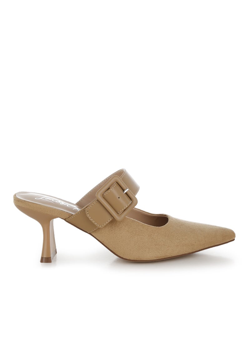 Microfiber Pointy Slip-On Mules in Beige