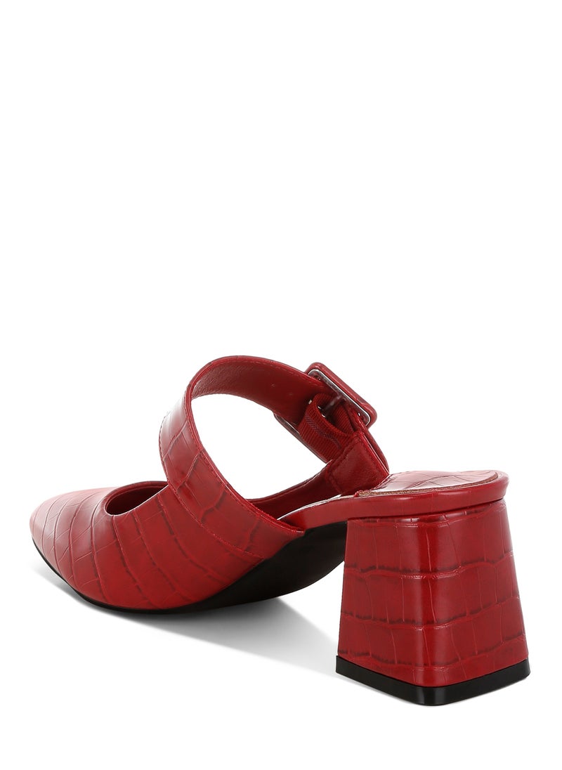 Croco Buckle Strap Detail Mules in Dark Red