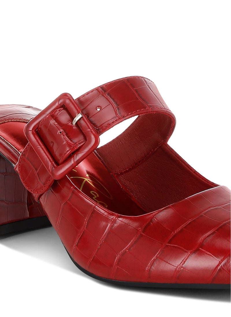 Croco Buckle Strap Detail Mules in Dark Red