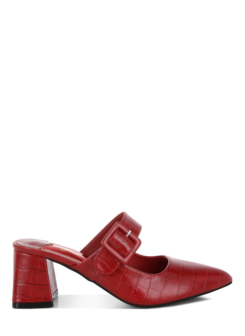 Croco Buckle Strap Detail Mules in Dark Red